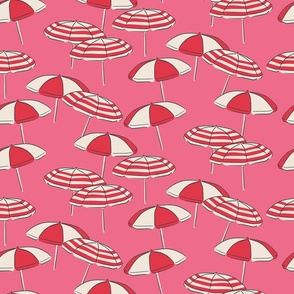 (M) Seaside Summer Beach Umbrellas - red and white on pink