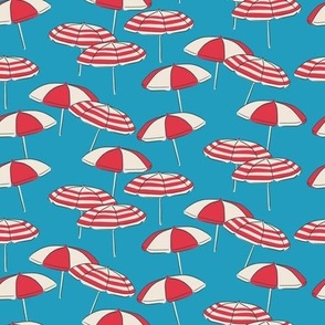 (S) Seaside Summer Beach Umbrellas - red and white on blue