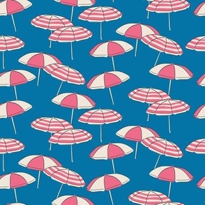 (S) Seaside Summer Beach Umbrellas - pink and white on blue
