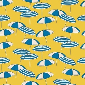 (S) Seaside Summer Beach Umbrellas - blue and white on yellow