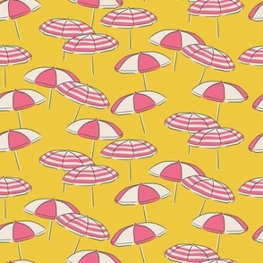 (S) Seaside Summer Beach Umbrellas - pink and white on yellow