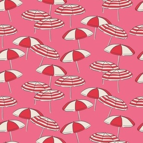 (S) Seaside Summer Beach Umbrellas - red and white on pink