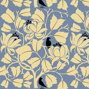 British Charles F Voysey Tulip Tree with Brids In Cream Yellow on Gray