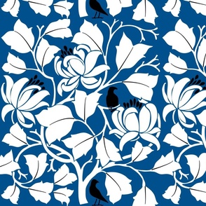British Victorian Voysey Tulip Tree (Magolia) with Crows on Blue