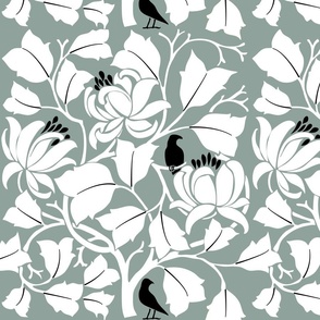 British Victorian Voysey Tulip Tree (Magolia) with Crows on Green Gray