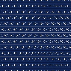 Celestial Crescent Moon and Stars Horizontal Stripe - Navy Blue and Light Yellow - Small Scale - Fantasy Wizard Design for Halloween