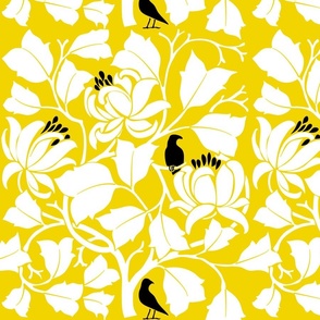 British Victorian Voysey Tulip Tree (Magolia) with Crows on Golden Yellow