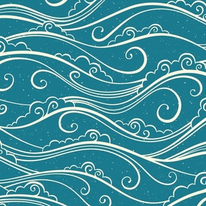 north coast sea waves - monochrome teal blue (large)