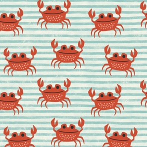 beach crabs on textured stripes - red coral / aqua  (large)