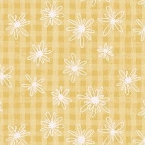 White Sketchy daisies on yellow checkered plaid