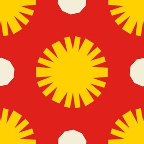 Pom Poms & Decagons // x-large print // Sunshine Swirl Shapes on Funhouse Red