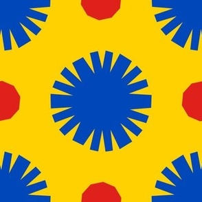 Pom Poms & Decagons // x-large print // Big Top Blue Shapes on Sunshine Swirl