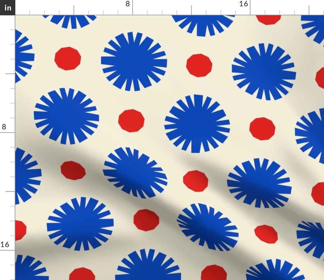 Pom Poms & Decagons // x-large print // Big Top Blue Shapes on Carousel Cream