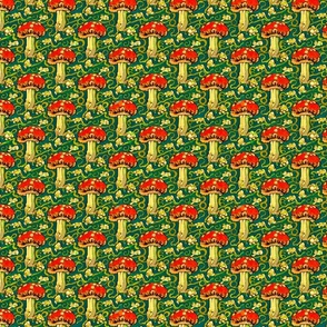 red mushrooms with beige dots green background SM