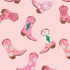 Sweet Western Whimsy - Pink Cowboy Boots and Cactus Pattern