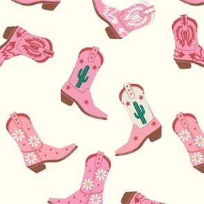 Western Whimsy - Playful Pink Cowboy Boots with Daisy and Cactus Accents