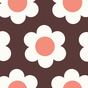 Jumbo 60s Flower Power Daisy - peach coral and white on Monkey Island Medium Dark Brown - retro floral - retro flowers - simple retro flower wallpaper - kitchy kitchen - retro kids