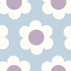 Jumbo 60s Flower Power Daisy - lilac purple and white on Soft dusty blue - retro floral - retro flowers - simple retro flower wallpaper - happy retro nursery