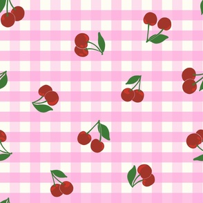 Large cherry gingham - red cherries on Lavender pink and white gingham check - vicy check - checkerboard - cute vintage inspired summer picnic Buffalo check - Country checks - Gingang Genggang Jangjang - Shepherds check
