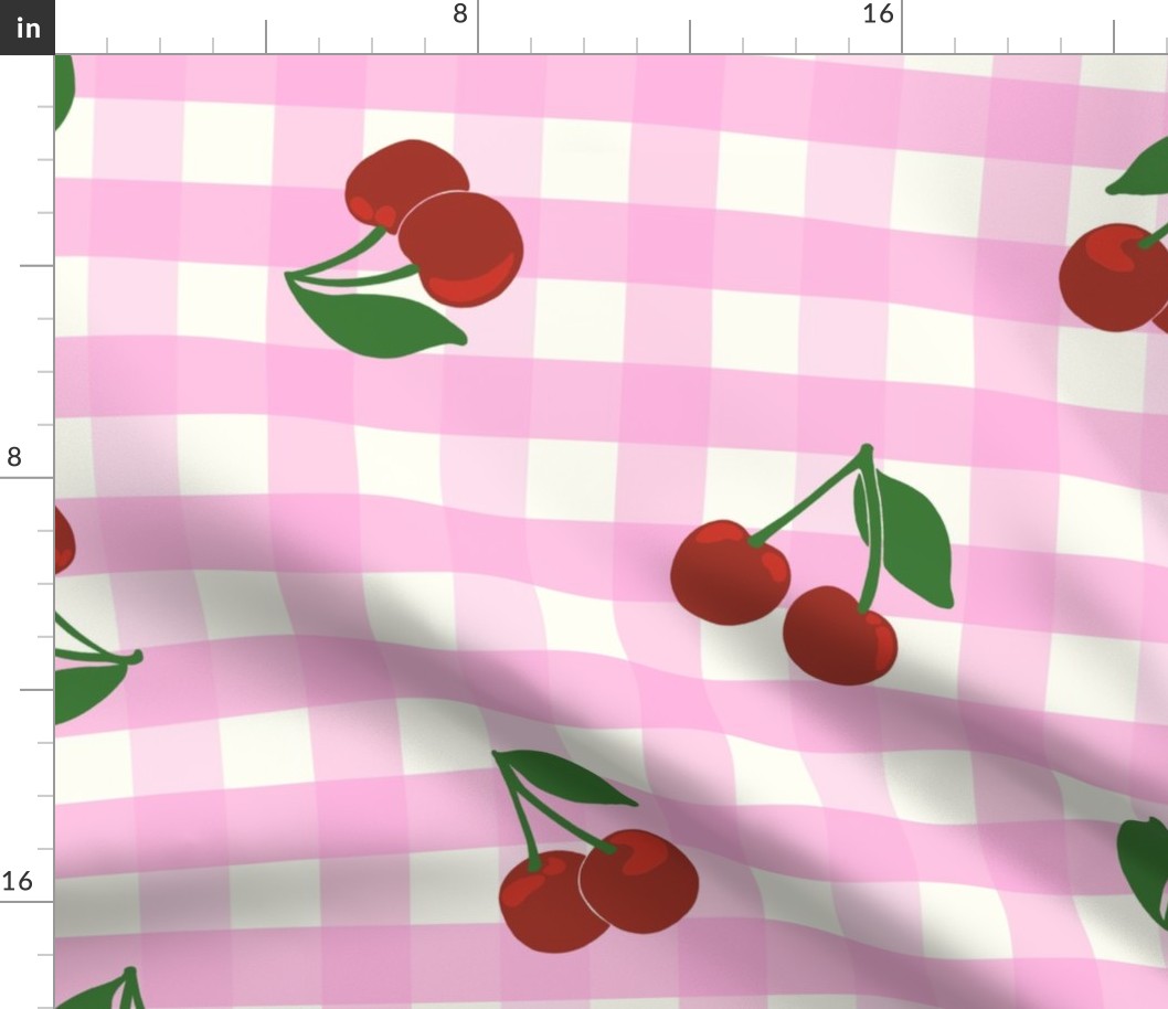 Large cherry gingham - red cherries on Lavender pink and white gingham check - vicy check - checkerboard - cute vintage inspired summer picnic Buffalo check - Country checks - Gingang Genggang Jangjang - Shepherds check