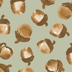 Clustered Watercolor Acorns on Sage Green//Large//24"