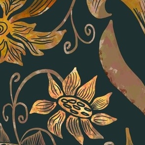 24” repeat heritage large vintage handdrawn sunflowers, tulips, grapes  in damask style earthy browns on deep moody green