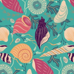 (l) Seashells, sea urchins and clams in vibrant turquoise 