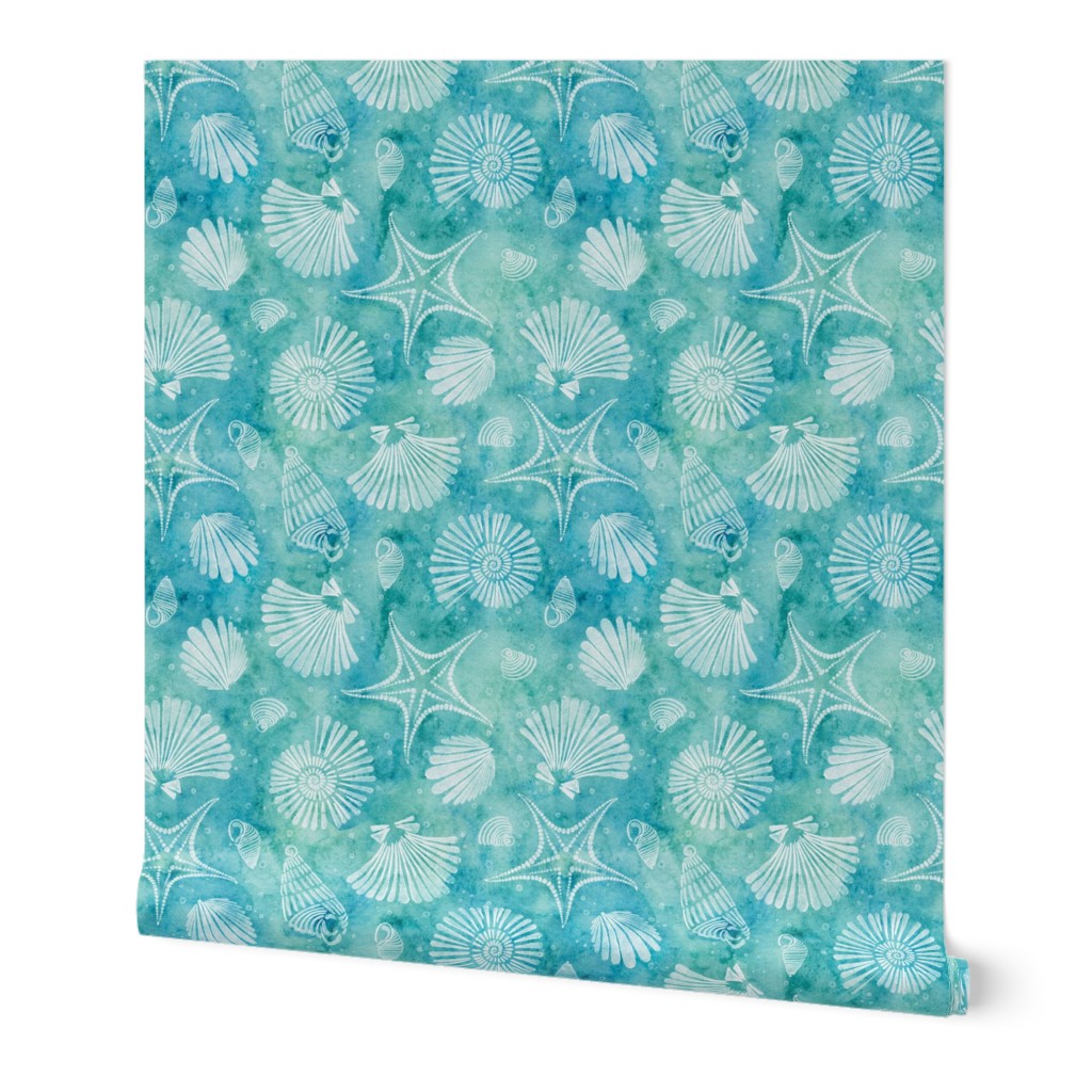 beach trip small - blue and green sea shells and starfish - watercolor coastal wallpaper and fabric