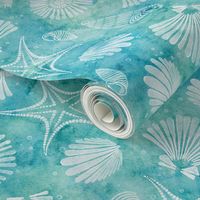 beach trip small - blue and green sea shells and starfish - watercolor coastal wallpaper and fabric