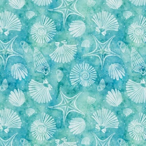 beach trip small - blue and green sea shells and starfish - watercolor coastal wallpaper and fabric