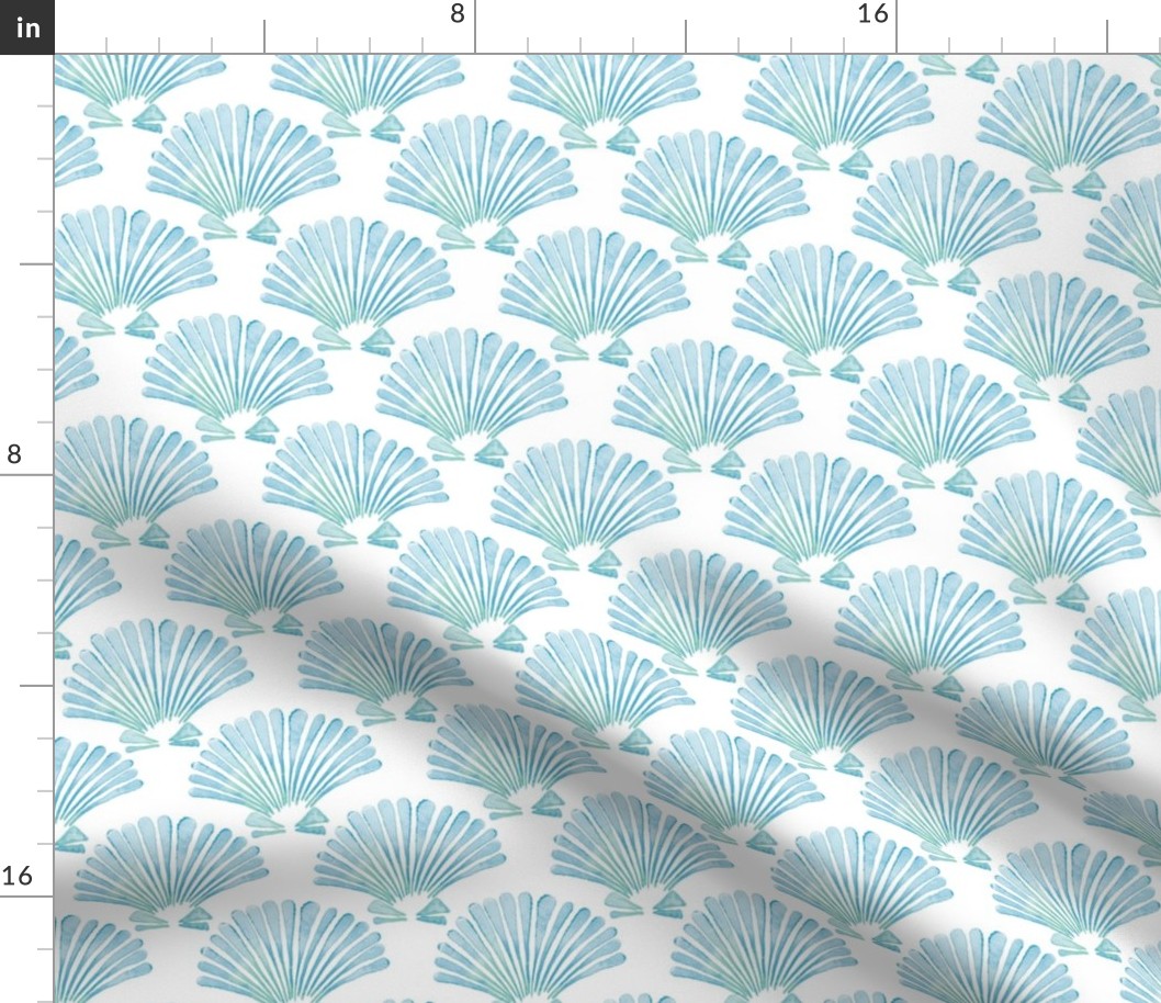 beach trip small - blue and green sea shells on white - watercolor coastal wallpaper and fabric