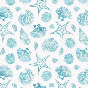 beach trip small - blue and green sea shells and starfish on white - watercolor coastal wallpaper and fabric