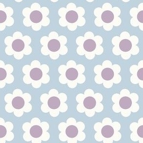 Extra Small 60s Flower Power Daisy - lilac purple and white on Soft dusty blue - retro floral - retro flowers - simple retro flower wallpaper - happy retro nursery