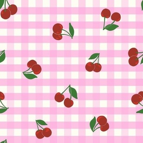 Small cherry gingham - red cherries on Lavender pink and white gingham check - vicy check - checkerboard - cute vintage inspired summer picnic Buffalo check - Country checks - Gingang Genggang Jangjang - Shepherds check