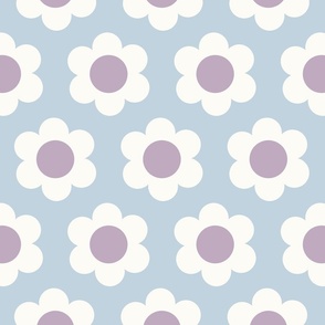 Medium 60s Flower Power Daisy - lilac purple and white on Soft dusty blue - retro floral - retro flowers - simple retro flower wallpaper - happy retro nursery