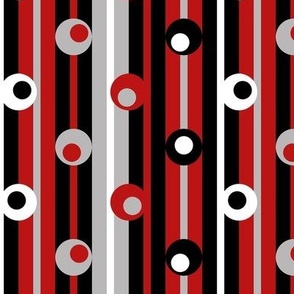 wonky polka dots on stripes, black, gray, red, white, modern, contemporary
