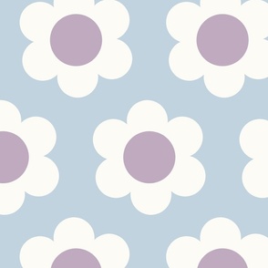 Large 60s Flower Power Daisy - lilac purple and white on Soft dusty blue - retro floral - retro flowers - simple retro flower wallpaper - happy retro nursery