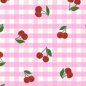 Medium cherry gingham - red cherries on Lavender pink and white gingham check - vicy check - checkerboard - cute vintage inspired summer picnic Buffalo check - Country checks - Gingang Genggang Jangjang - Shepherds check