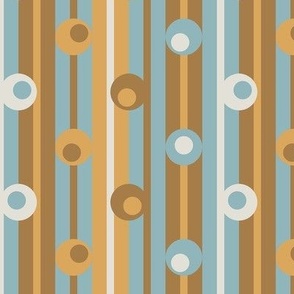 wonky polka dots on stripes, blue, apricot orange, cream, brown, geometric, contemporary, modern