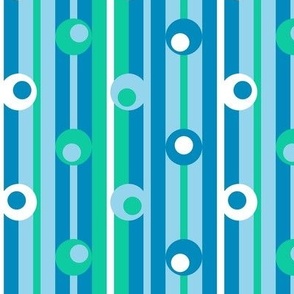 wonky polka dots on stripes, blue, green, white, geometric, circles