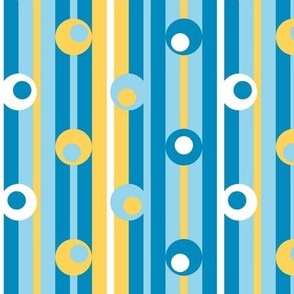 wonky polka dots on stripes, blue, yellow, summer, modern, geometric, contemporary