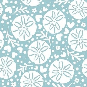 Smaller Scale Sand Dollars White on Baby Blue