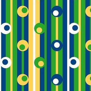 wonky polka dots on stripes, navy blue, yellow, green, summer, modern, contemporary, geometric