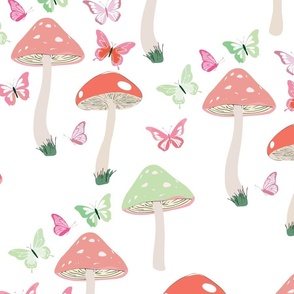 Pink and Green Mushrooms and Butterflies