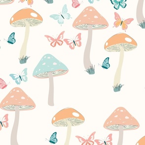 Bright Whimsical Mushroom and Butterflies Wallpaper 