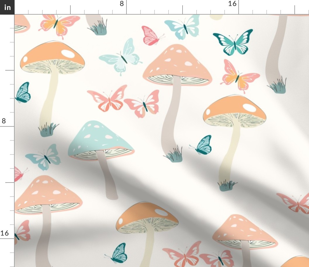 Bright Whimsical Mushroom and Butterflies Wallpaper 