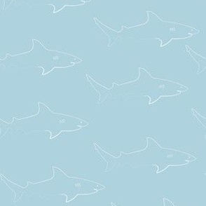 Bull Shark line drawing in white on blue, perfect for coordinating fabric, sheets, bedding, pillows, with wild Neon Bull Shark prints in this collection, medium scale print perfect for ocean theme decor, or swim wear and beach gear   