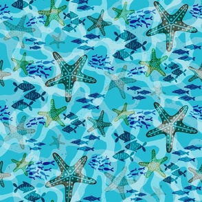 M / Beach Dreams -  starfish and small fish in the tide sea greens and turquoise waves