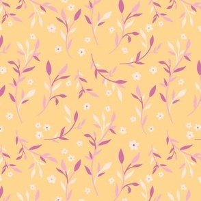 Pink and White Branches with Leaves and Daisy Flowers on Light Yellow