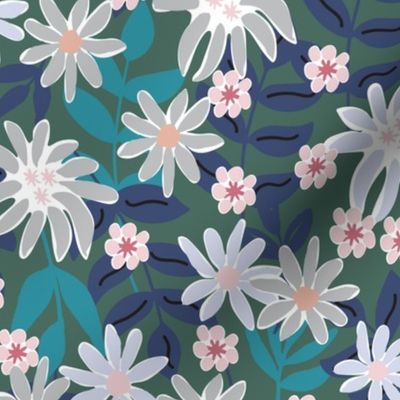 549 - Medium scale Grungy bold florals in soft muted colours of turquoise, baby pink, dark periwinkle blue and grey - for women's apparel, sophisticated wallpaper, curtains, duvet covers and elegant table cloths